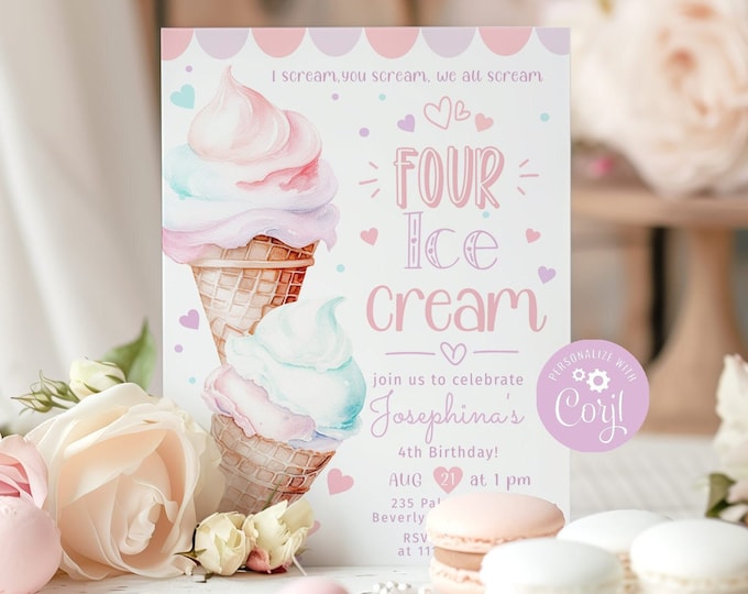 Four ice cream birthday invite. Pastel We all scream for Ice Cream birthday invitation. Girl 4th birthday invitation. Corjl template #ice1