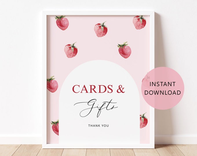 Strawberry cards and gifts sign. Berry first birthday cards and gifts printable poster. Instant download #ber1