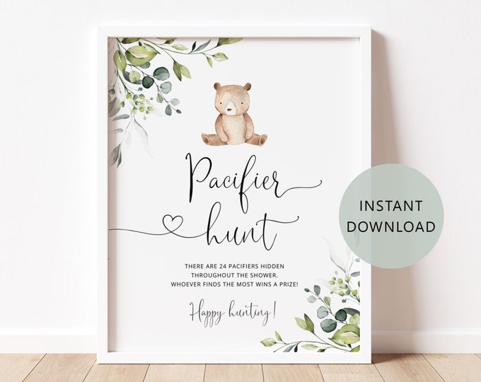 Eucalyptus Pacifier Hunt Sign.  Little bear Baby Shower Game. Find The Pacifier Game Printable. We can bearly wait game #w5