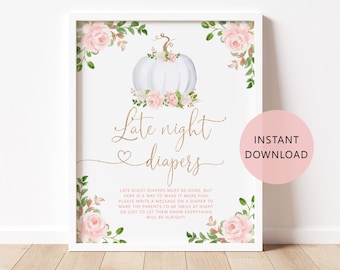 Late Night Diapers Sign. Blush pink gold Pumpkin Baby Shower Diapers Thoughts Game. Fall late night diapers sign. Instant Download #p3