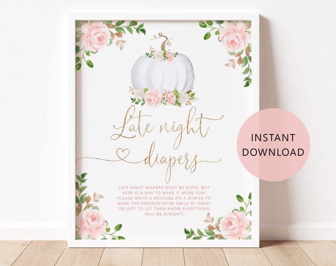 Late Night Diapers Sign. Blush pink gold Pumpkin Baby Shower Diapers Thoughts Game. Fall late night diapers sign. Instant Download #p3