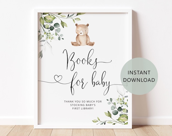 Eucalyptus Books for Baby sign, Baby Shower Book Request Card, We can bearly wait Book Request sign, Bring A Book Instead of a card #w5