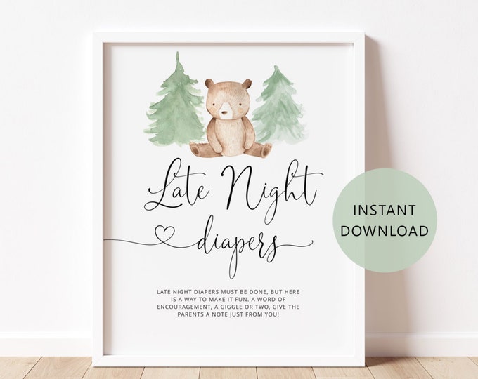 Bear Late Night Diapers Sign. Woodland bear Baby Shower Diapers Thoughts Game.  Instant Download #w2