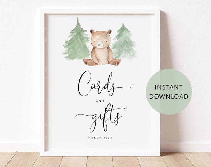 Bear Cards and Gifts Sign in 2 Sizes. Woodland bear Cards & Gifts Sign. Instant Download #w2