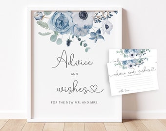 May include: A white sign with a blue floral design at the top. The sign says "Advice and wishes for the new Mr. and Mrs." There are also two smaller cards with the same floral design and the text "Advice and wishes for the new Mr. and Mrs."