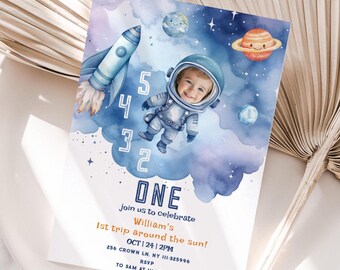 Astronaut 1st Birthday Invitation: Outer Space Photo Corjl Editable template #sp1
