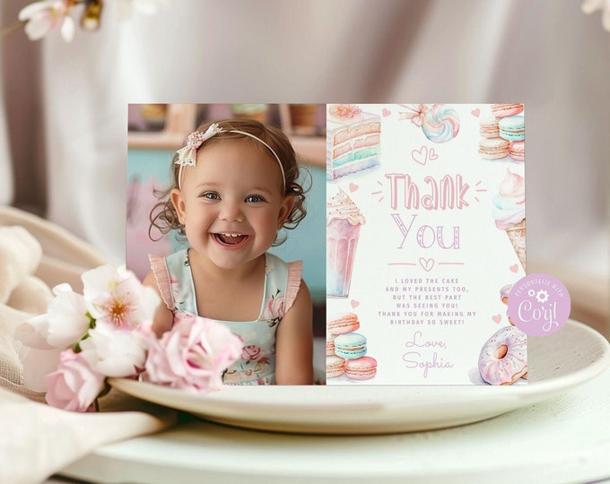 Sweet birthday thank you card with photo. Editable ice cream photo birthday thank you card. Sweets thank you card Corjl template #ice1