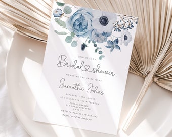Dusty blue Bridal Shower Invitation Elegant floral Bridal Shower Invitation. Editable dusty blue wedding shower invitation template #dus