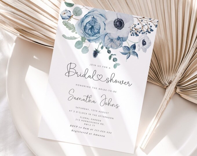 Dusty blue Bridal Shower Invitation Elegant floral Bridal Shower Invitation. Editable dusty blue wedding shower invitation template #dus