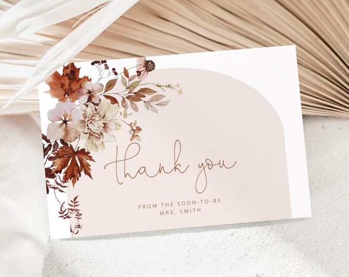 Boho fall bridal shower thank you card. Fall arch bridal thank you card. Dried leaves thank you card #17