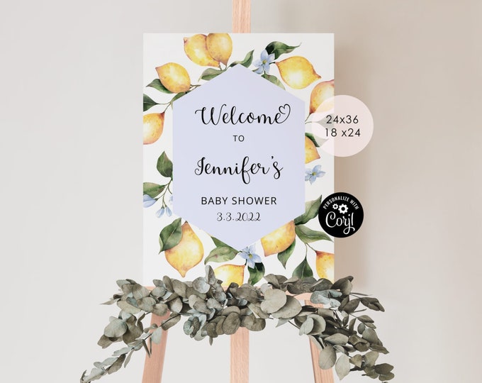 Blue Lemon baby shower welcome sign. Editable citrus welcome sign. Mama's main squeeze baby shower welcome sign template #lem3