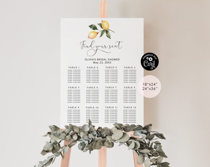 Lemon seating chart template. Minimalist editable seating chart sign. Citrus find your seat sign. Corjl Printable #lm1