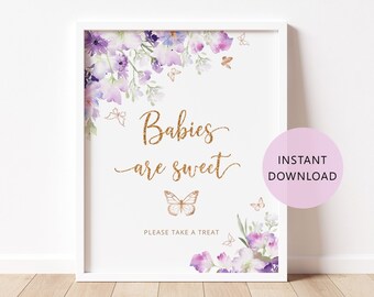 Butterfly Babies are sweet Sign. Purple Butterfly take a treat sign. Lilac gold Butterfly kisses baby shower sign #06
