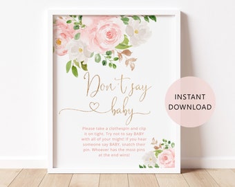 Blush floral Don't say baby game sign. Blush pink gold  Don't say baby game. Instant Download #fl1