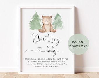 Bear Don't say baby game sign. Pine tree woodland dont say baby sign. Instant Download #w2