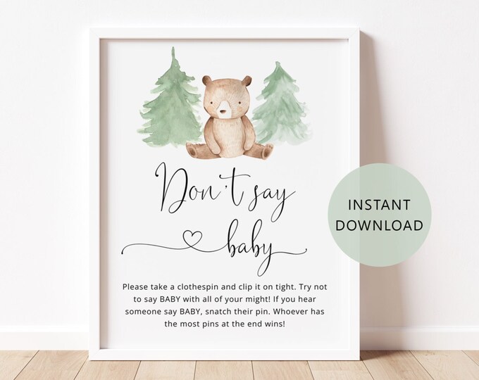 Bear Don't say baby game sign. Pine tree woodland dont say baby sign. Instant Download #w2