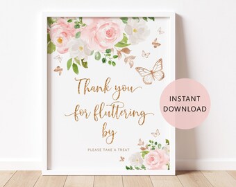 Thank You For Fluttering By Favor Sign. Blush pink butterfly Party Favor Sign. Butterfly birthday decoration #05