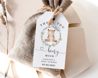 Thank you beary much tag. We can bearly wait favor tag template.  Editable Bear favor tag. Woodland baby shower favor tag #w1