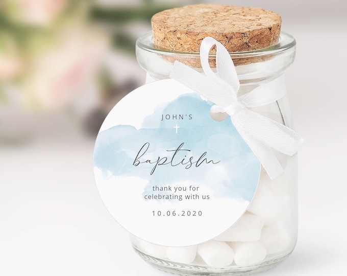 Blue baptism Thank You Tag Template. Watercolor Circle Favor Tags Template. Editable Gift Favor Tags. Boy baptism favor tag #BT2 2 SIZES