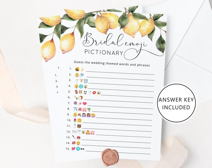 Lemon Bridal shower emoji pictionary. Citrus bridal emoji game. Elegant bridal shower emoji pictionary game #lm1