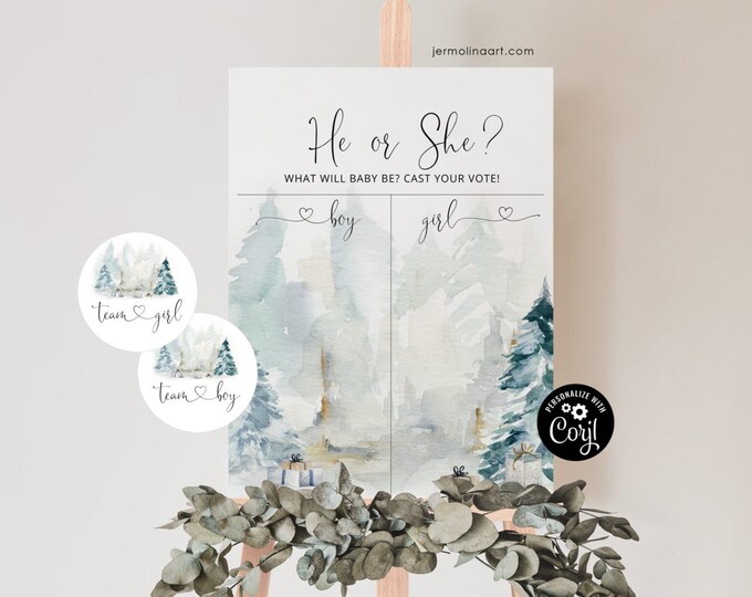 Winter Gender reveal Boy or Girl chart. Winter Guess the Gender sign. Christmas tree he or she sign. Cast Your Vote Sign #ad4