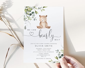 We can bearly wait Baby Shower Invitation. Editable eucalyptus bear Baby Shower Invitation. Baby Boy Shower Invitation #w5