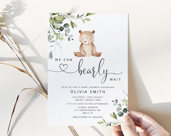 We can bearly wait Baby Shower Invitation. Editable eucalyptus bear Baby Shower Invitation. Baby Boy Shower Invitation #w5