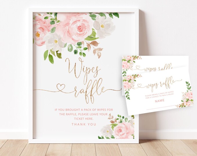 Blush floral wipes raffle sign.  Roses wipes raffle baby shower game Instant Download #fl1