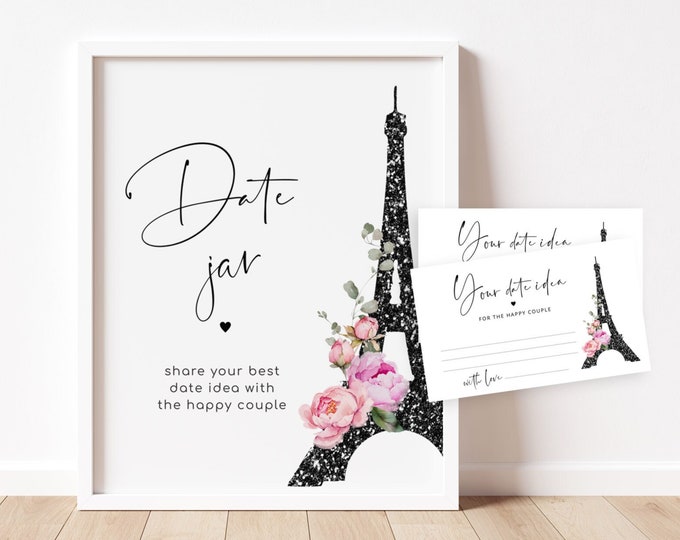 Minimalist  Paris Date Jar Game. Floral elegant Eiffel tower Date Ideas Cards. Date Night Bridal Shower Games. Bachelorette Party Game #par1