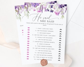 He said she said Bridal Shower Game, Lilac Printable Wedding Shower Games. Purple wildflower Bride or Groom Game Instant Download #09