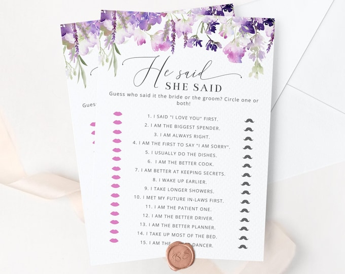 He said she said Bridal Shower Game, Lilac Printable Wedding Shower Games. Purple wildflower Bride or Groom Game Instant Download #09