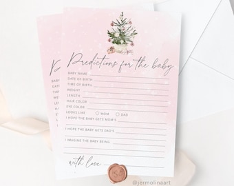 Pink winter Baby predictions card. Winter blush snowflakes predictions for baby card. Christmas baby shower game. Instant Download #ad7