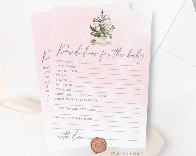Pink winter Baby predictions card. Winter blush snowflakes predictions for baby card. Christmas baby shower game. Instant Download #ad7