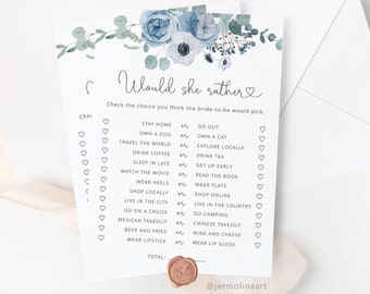 Dusty blue Would She Rather Bridal Shower Game, WinterPrintable Wedding Shower Games. Dusty blue Hen Party Games Instant Download #dus