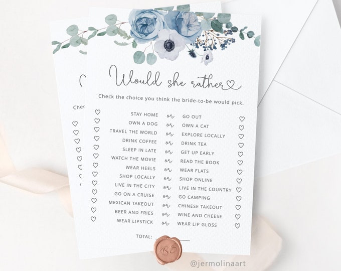 Dusty blue Would She Rather Bridal Shower Game, WinterPrintable Wedding Shower Games. Dusty blue Hen Party Games Instant Download #dus