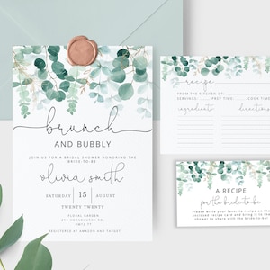 Brunch and Bubbly bridal shower invitation template and recipe card. Eucalyptus Bridal Shower, Greenery Wedding Shower and recipe card. #BR1
