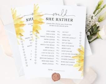 Sunflower Would She Rather Bridal Shower Game, Sunflower Bridal Shower Games. Bachelorette Party Games, Hen Party Games #sun1