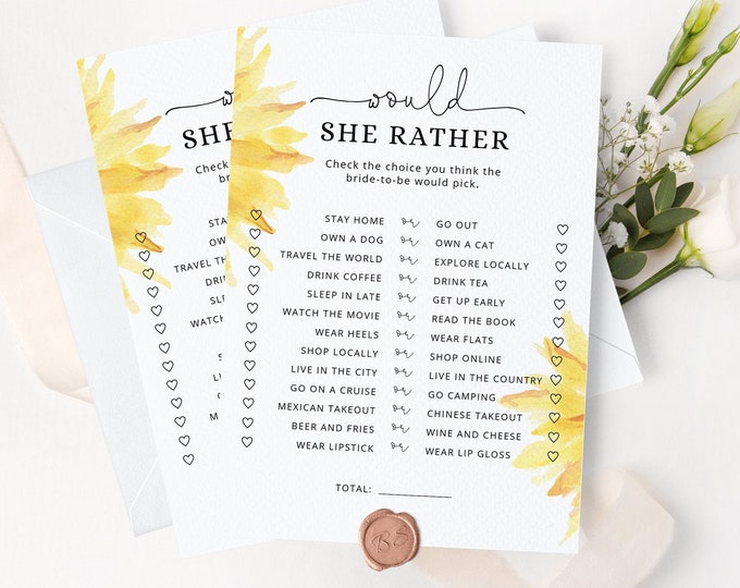 Sunflower Would She Rather Bridal Shower Game, Sunflower Bridal Shower Games. Bachelorette Party Games, Hen Party Games #sun1