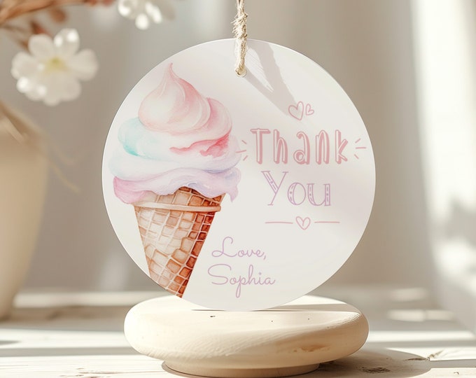Ice cream round favor tag template. Editable Sweet ice cream birthday thank you tag. Pastel girl birthday thank you tag Corjl template #ice1