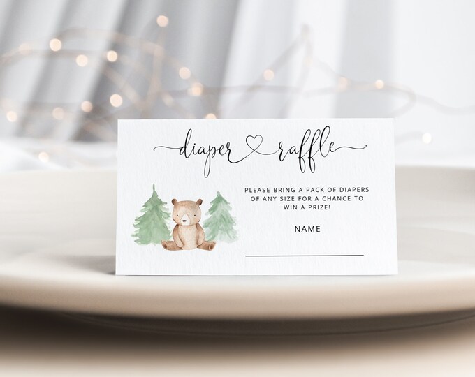 Bear diaper raffle tag. Woodland bear diaper raffle ticket. We can bearly wait baby shower.  Instant Download #w2