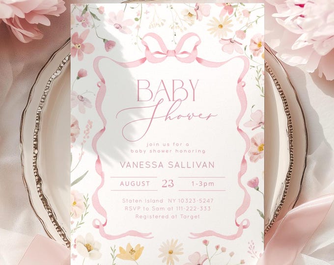 Editable Pink Bow Baby in Bloom Baby Shower invitation. Pink Bow frame wildflower Baby in Bloom invitation Ribbon bow elegant invite #bow6
