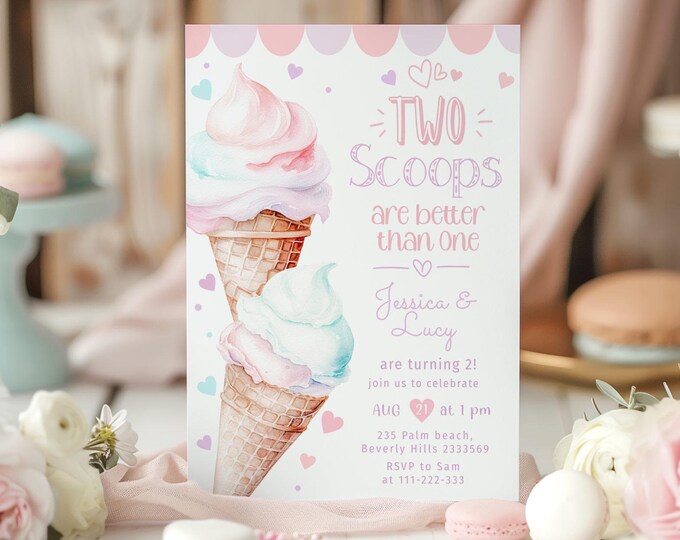 Two scoops are better than one birthday invite. Pastel Ice Cream Twins birthday invitation. Two sweet 2nd birthday Corjl template #ice1