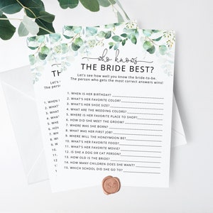 Greenery Who Knows the Bride Best game. Bridal Shower Games, How Well Do You Know the Bride game. Eucalyptus Instant Download #ws3