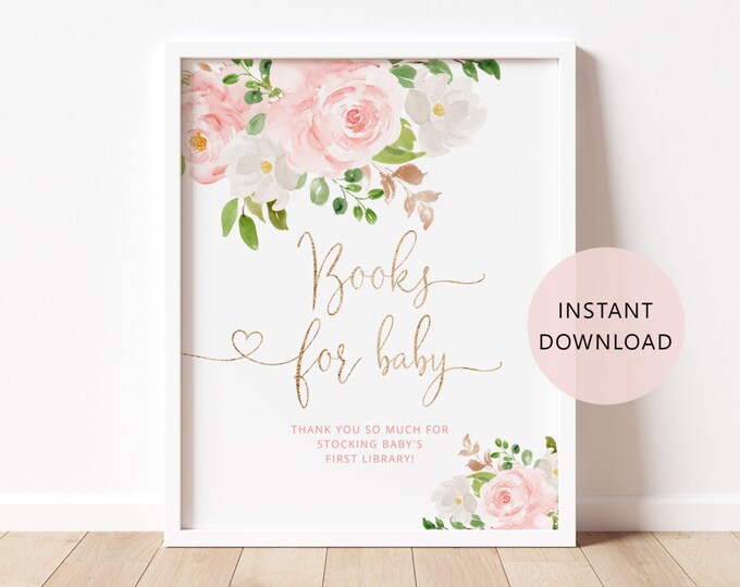 Floral Books for Baby sign, Blush gold Baby Shower Book Request Card Bring A Book Instead of a card #fl1