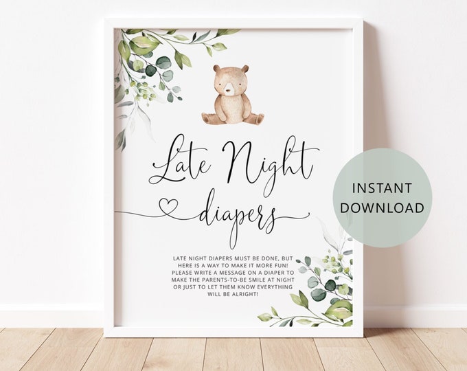 Eucalyptus Late Night Diapers Sign. Little bear Baby Shower Diapers Thoughts Game. Instant Download #w5