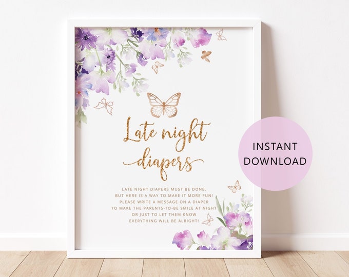 Butterflies Late Night Diapers Sign. Floral purple gold butterflies Diapers Thoughts Game. Butterfly kisses and baby wishes baby shower #06