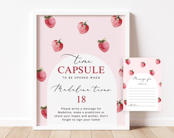 Strawberry Time Capsule Sign and message card. Berry First Birthday Time Capsule Sign with Matching Message Card #ber1