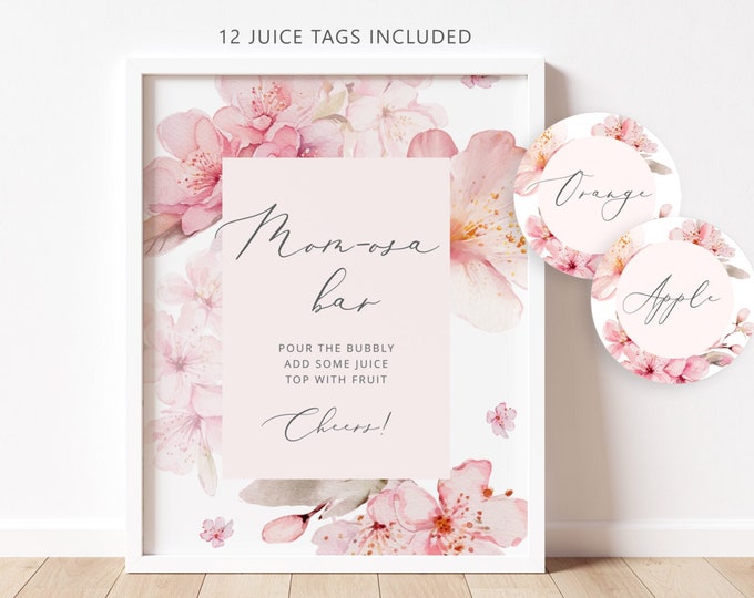Cherry blossom floral Mom-osa Bar Sign, blush pink floral Bubbly Bar Sign.  Sakura momosa bar juice tags #s1