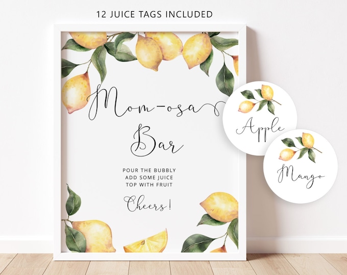 Lemon Mom-osa Bar Sign, Lemon fruit Bubbly Bar Sign. Main squeeze Baby Shower Decoration, Mom-osa bar juice tags #lm1