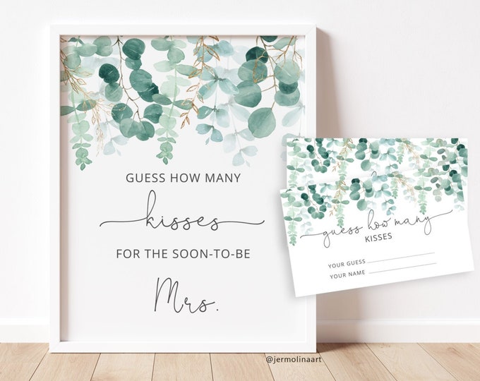 Greenery Guess How Many Kisses for the soon-to-be Mrs sign. Eucalyptus How many kisses Guessing Games Instant download #br1